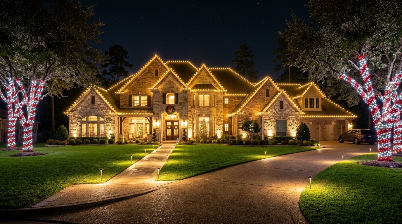 Grand luxury estate in Kingwood with warm roofline lights, illuminated driveway and candy cane trees at night