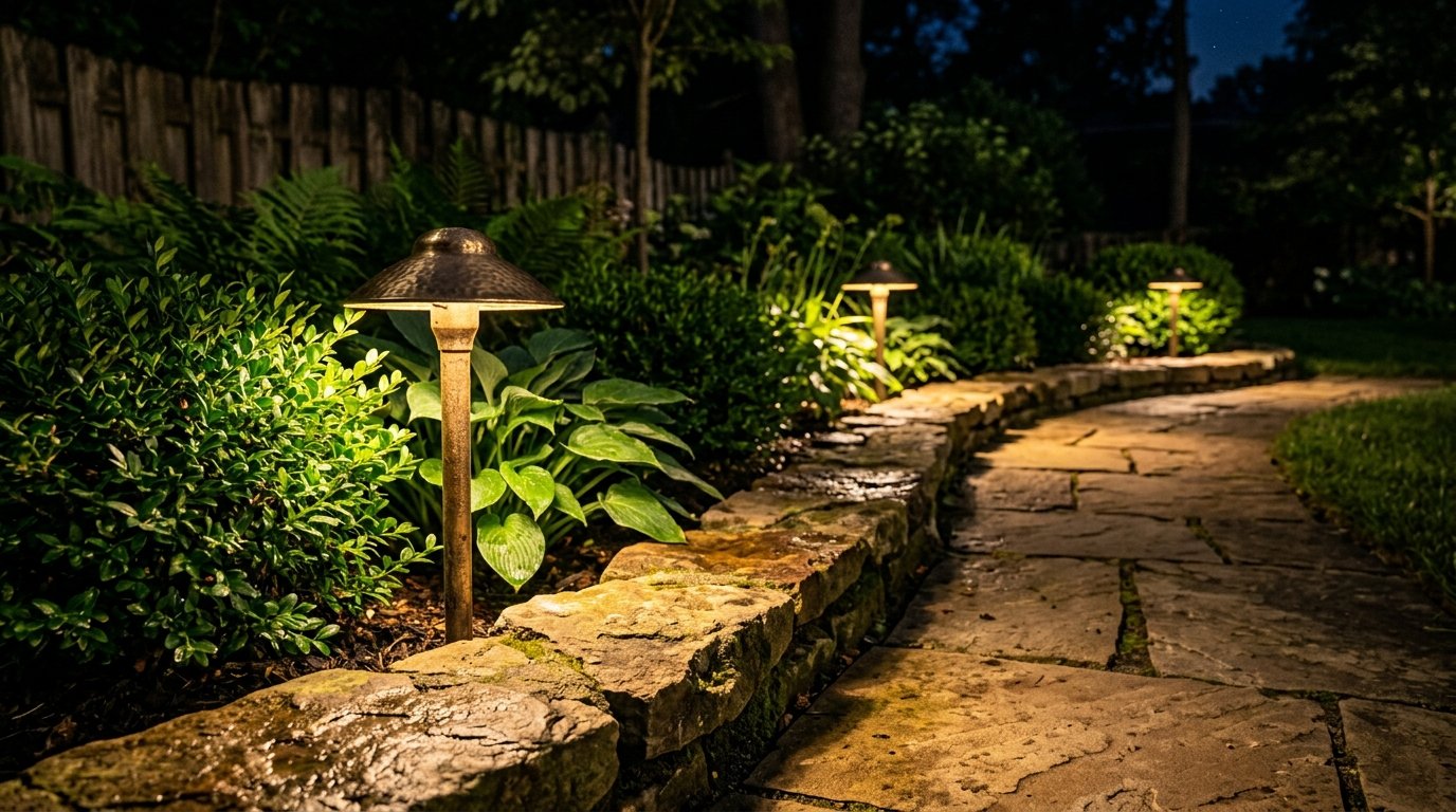 Solid brass low voltage landscape lighting fixtures illuminating walkway