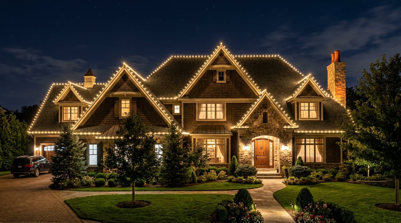 Immaculate warm white roofline and ridge lighting on a luxury estate