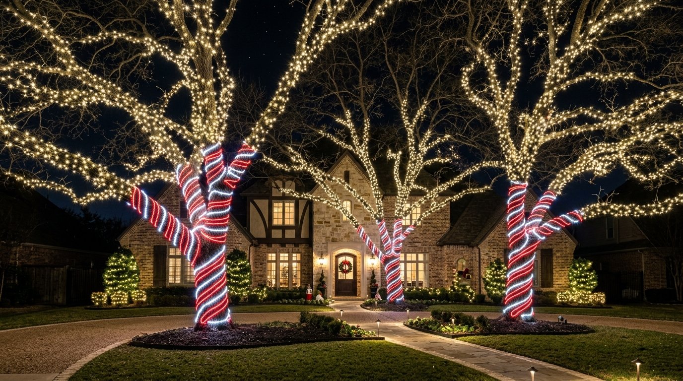 Spiral red and white candy cane trunk wraps on mature trees at night